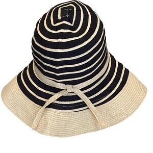 Floppy Paper & Polyester Sun Hat 57cm Natural and Black Stripes Packable #113Q